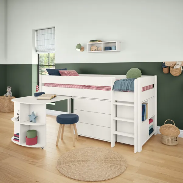 rukn stompa uno midsleeper with pull out desk, chest of drawers and cube unit, pine rukn stompa uno midsleeper with pull out desk, chest of drawers and cube unit, pine