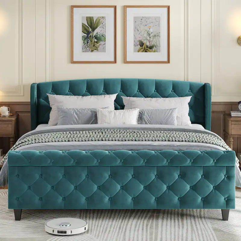 amara traditional velvet upholstered sleigh bed with wingback headboard & scroll footboard amara traditional velvet upholstered sleigh bed with wingback headboard & scroll footboard