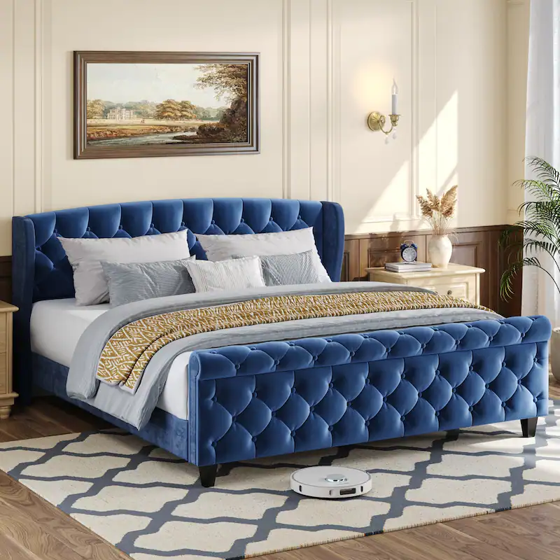 amara traditional velvet upholstered sleigh bed with wingback headboard & scroll footboard amara traditional velvet upholstered sleigh bed with wingback headboard & scroll footboard