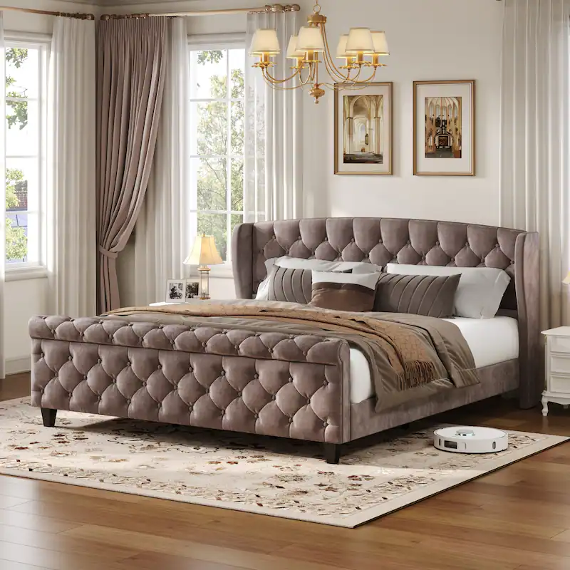 amara traditional velvet upholstered sleigh bed with wingback headboard & scroll footboard amara traditional velvet upholstered sleigh bed with wingback headboard & scroll footboard