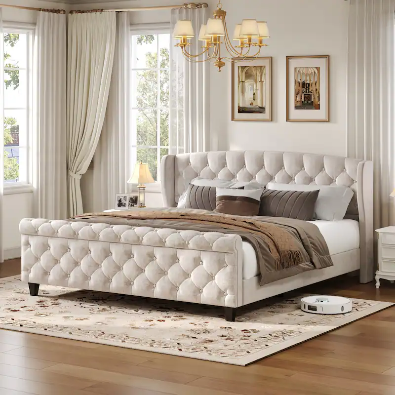amara traditional velvet upholstered sleigh bed with wingback headboard & scroll footboard amara traditional velvet upholstered sleigh bed with wingback headboard & scroll footboard