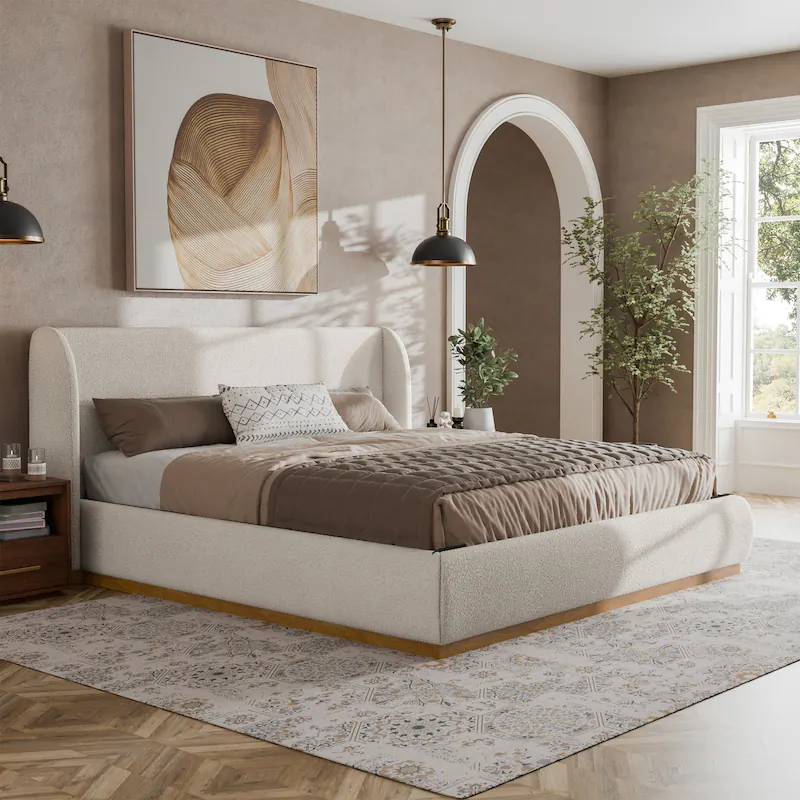 modern white boucle upholstered platform bed modern white boucle upholstered platform bed